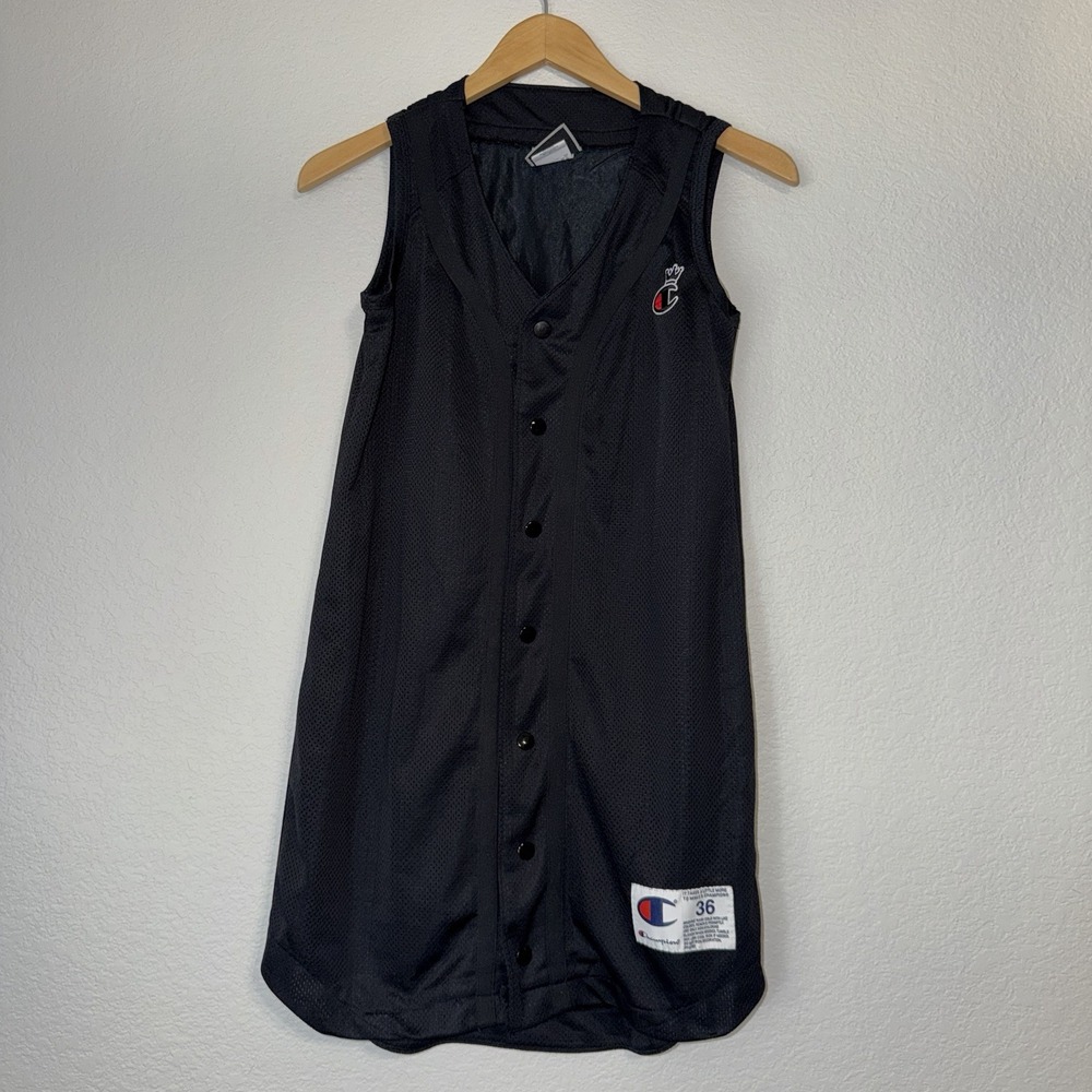 Womens CHAMPION Black Vintage Y2K Snap Mesh Jersey Dress Sz Small